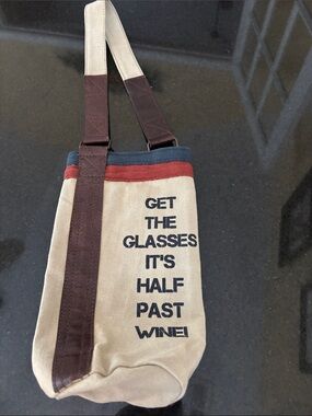 Mona B Canvas and Leather Wine Tote Bag w/ Wine Quote - Beige, Brown, Rust, Navy